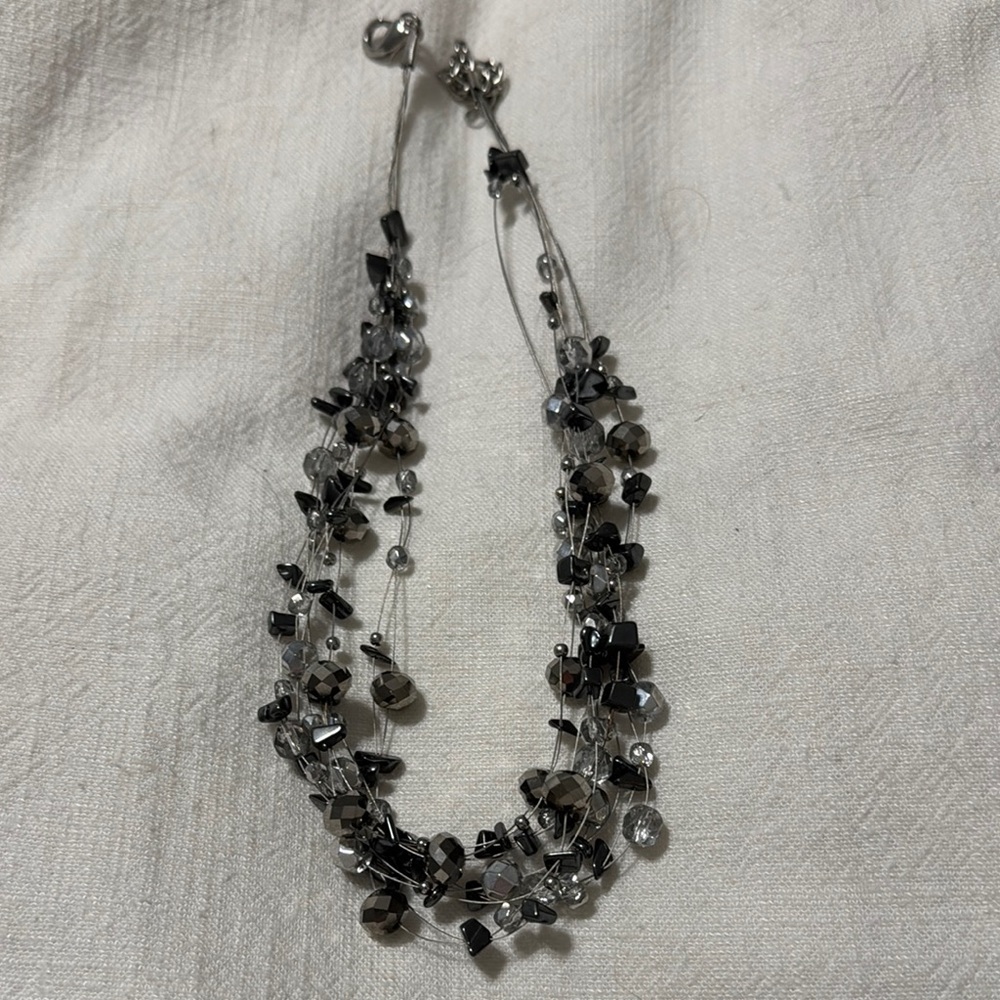 Chico’s Multi-Strand Black Hematite, Clear and Silver Beaded Necklace